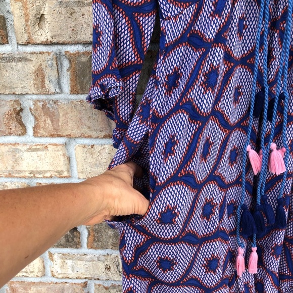 Banjanan Cotton Blue Red Pink V Neckl Pockets Lined Maxi Dress L More Like S/M - Picture 5 of 16